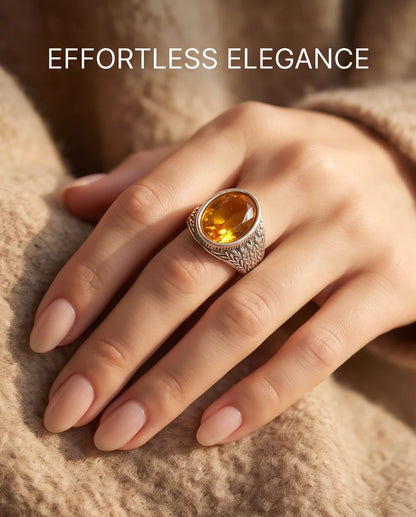 Citrine Gemstone Laurel Bezel Dragon-Scale Silver Ring