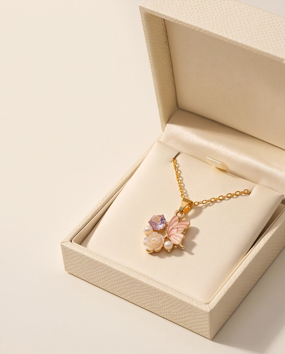 Gold Pink Enamel Butterfly & Pearl Rose Cluster Pendant Necklace