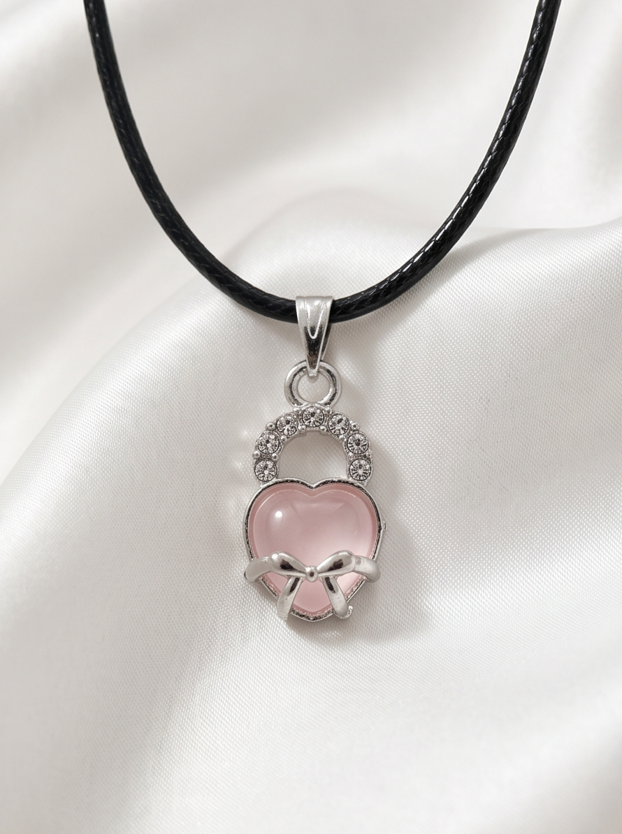 Pink Quartz Heart Bow Lock Pendant Necklace