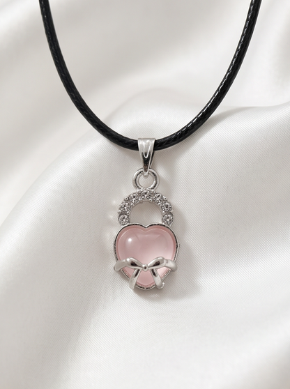 Pink Quartz Heart Bow Lock Pendant Necklace
