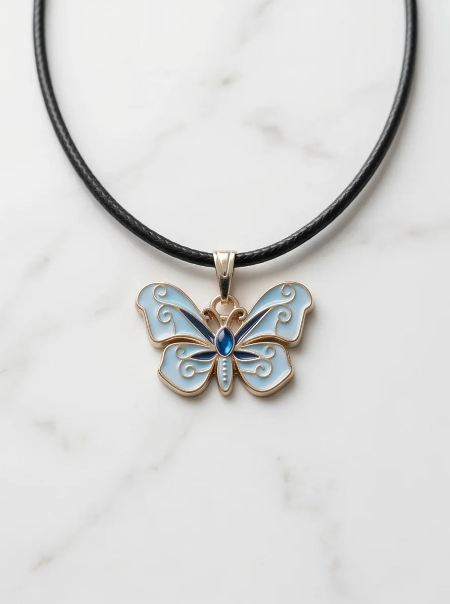 Blue Enamel Butterfly Pendant Necklace