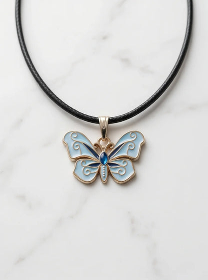 Blue Enamel Butterfly Pendant Necklace