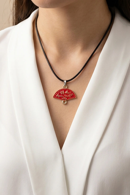 Traditional Red Folding Fan "Ji Xiang Ru Yi" Pendant Necklace