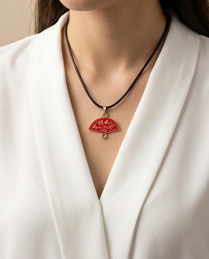 Traditional Red Folding Fan "Ji Xiang Ru Yi" Pendant Necklace
