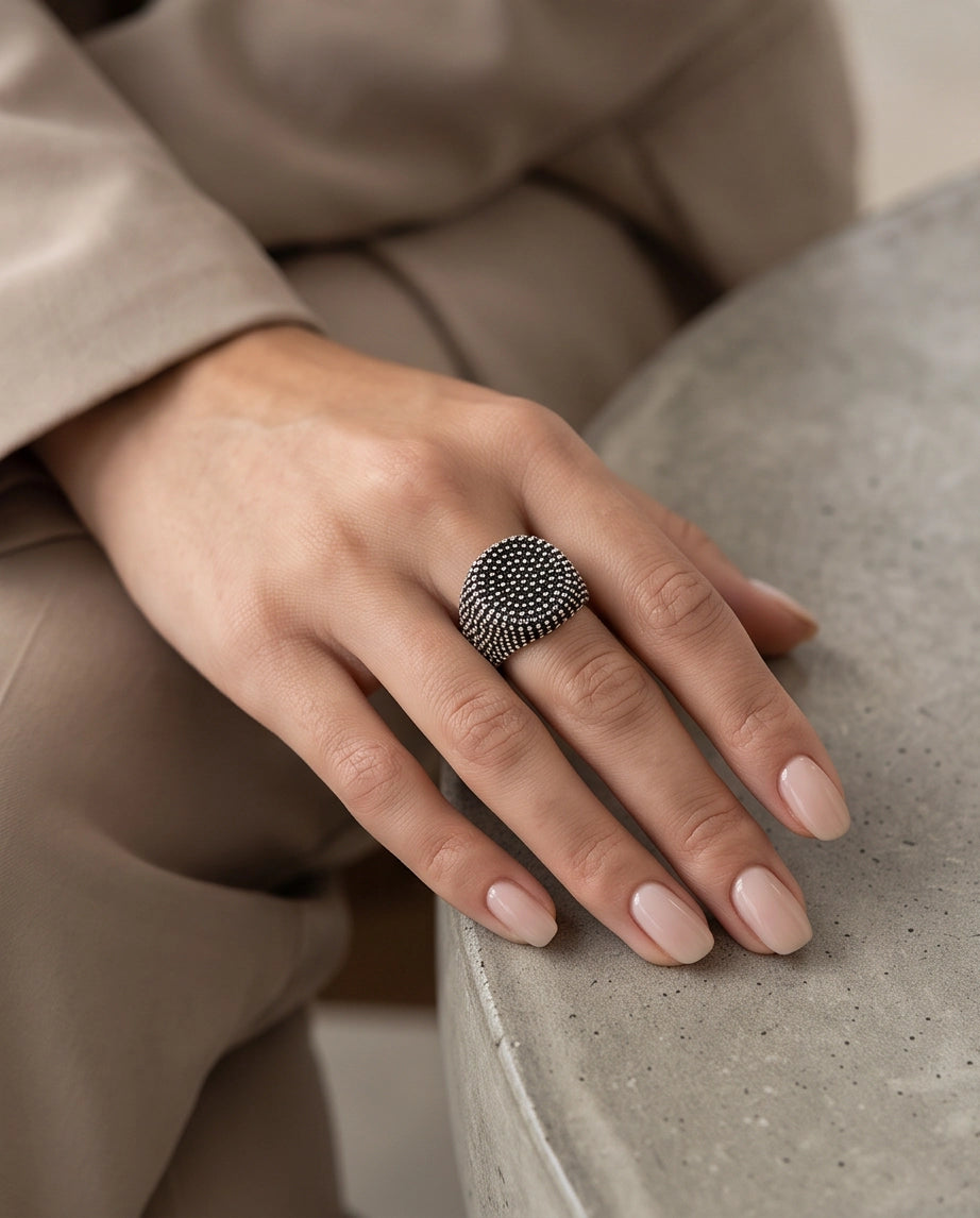 Pointillist Dotted Domed Signet Silver Ring
