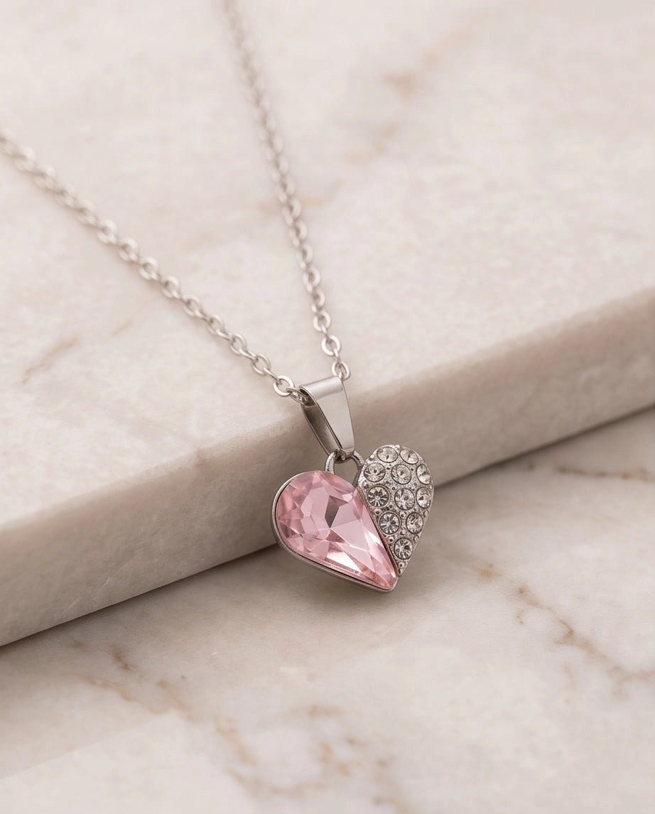 Silver Rose Pink Heart Pavé Pendant Necklace