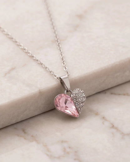 Silver Rose Pink Heart Pavé Pendant Necklace