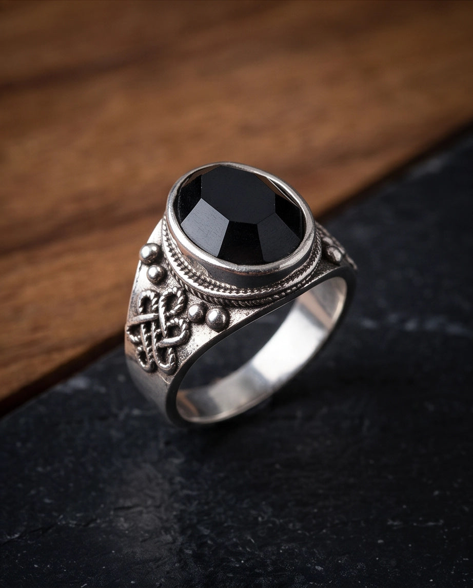 Faceted Oval Onyx-Style Beaded Bezel Filigree Silver Ring