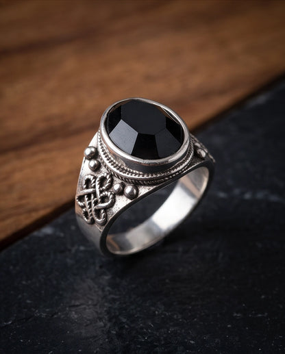 Faceted Oval Onyx-Style Beaded Bezel Filigree Silver Ring