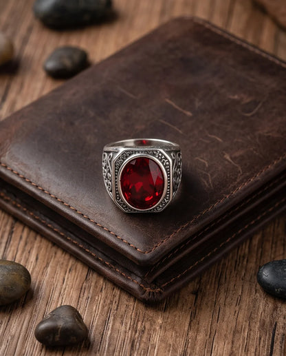 Crimson Gemstone Octagonal Bezel Scrollwork Silver Ring