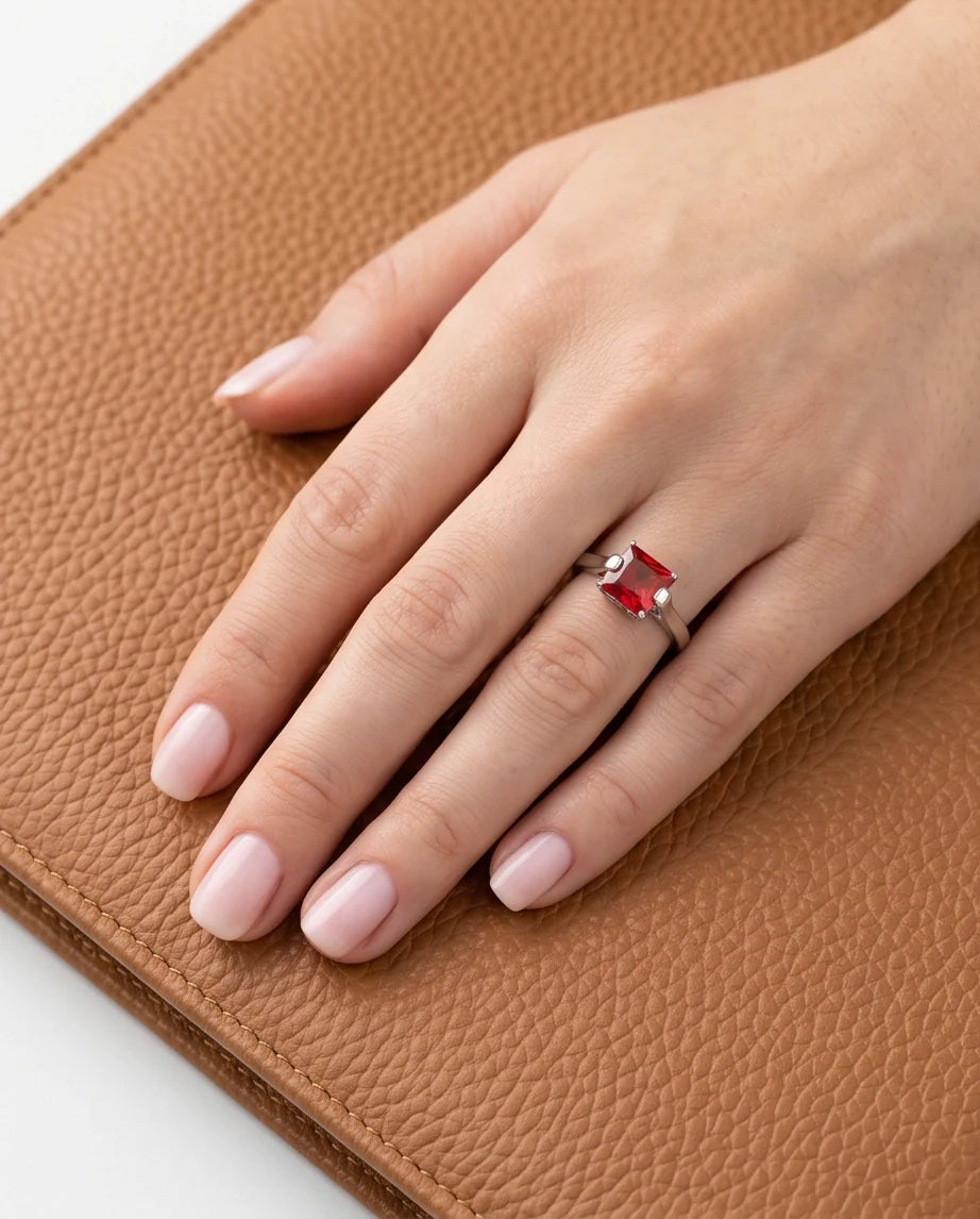 Sterling Silver Princess-Cut Red Ruby Solitaire Ring