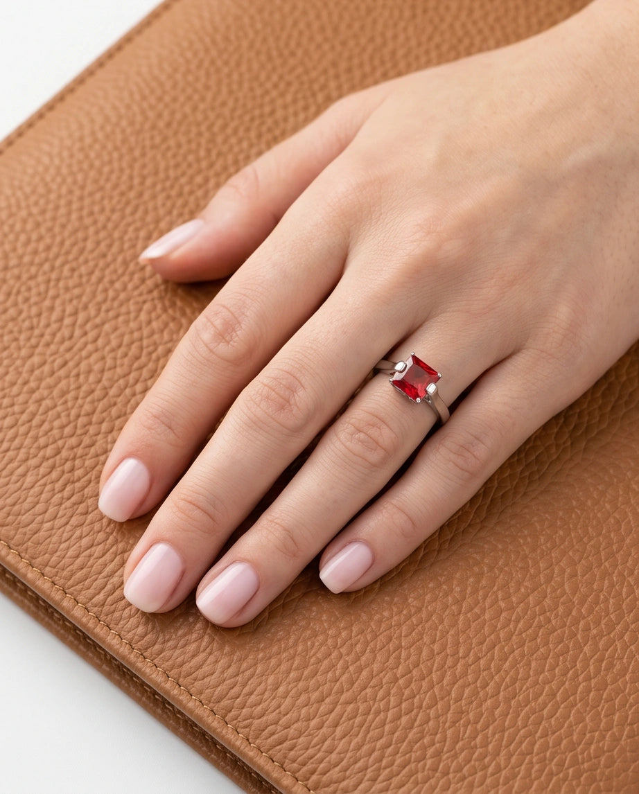 Sterling Silver Princess-Cut Red Ruby Solitaire Ring
