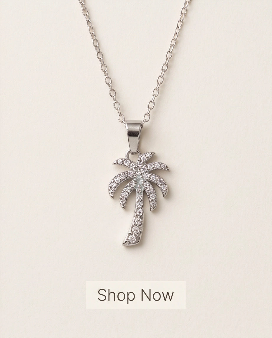 Silver Crystal Pavé Palm Tree Pendant Necklace
