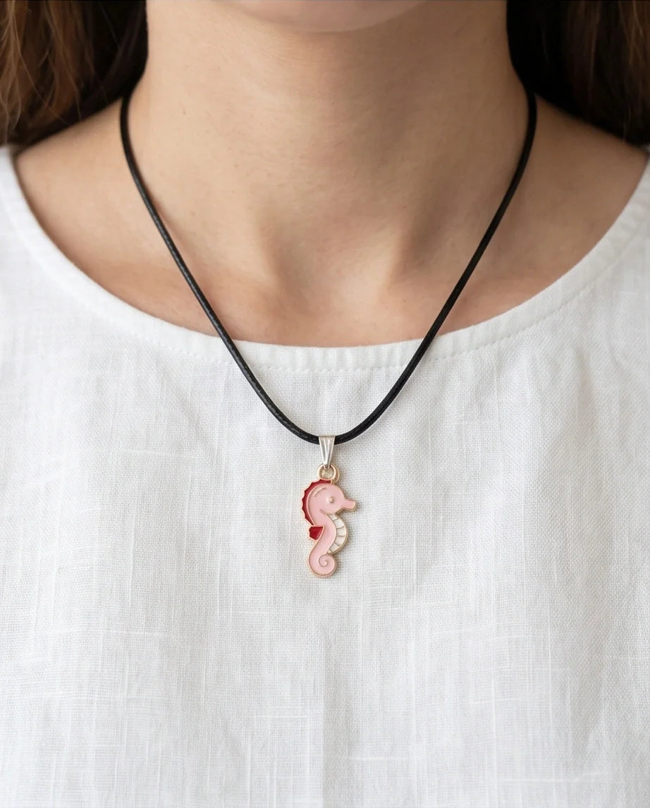 Pink Seahorse Enamel Pendant Necklace