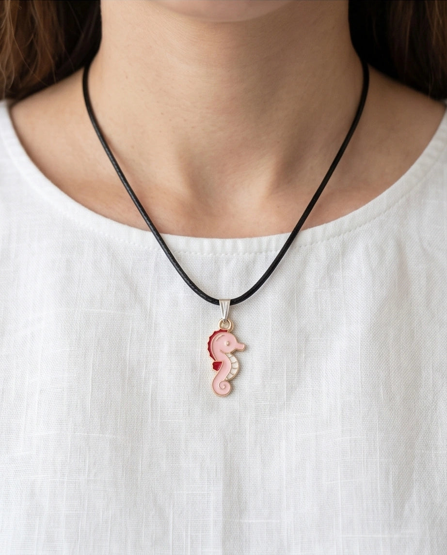 Pink Seahorse Enamel Pendant Necklace