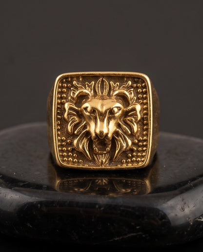 Sovereign Lion Stippled Cushion Signet Ring