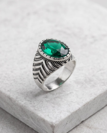 Emerald Gemstone Notched Bezel Chevron Ribbed Silver Ring