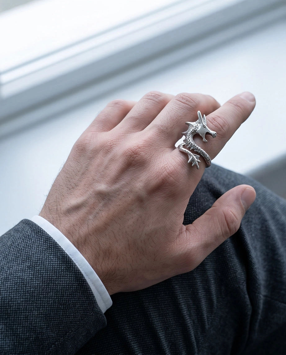 Polished Silver Sculpted Wyrm Dragon Wrap Ring