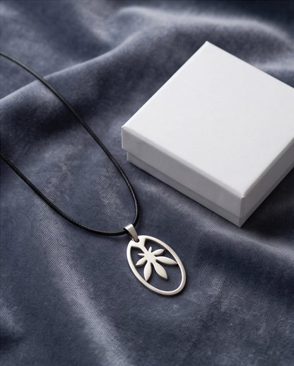 Brushed Silver Leaf Oval Cord Necklace