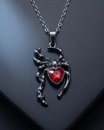 Black Spider Red Heart Crystal Gem Pendant Necklace