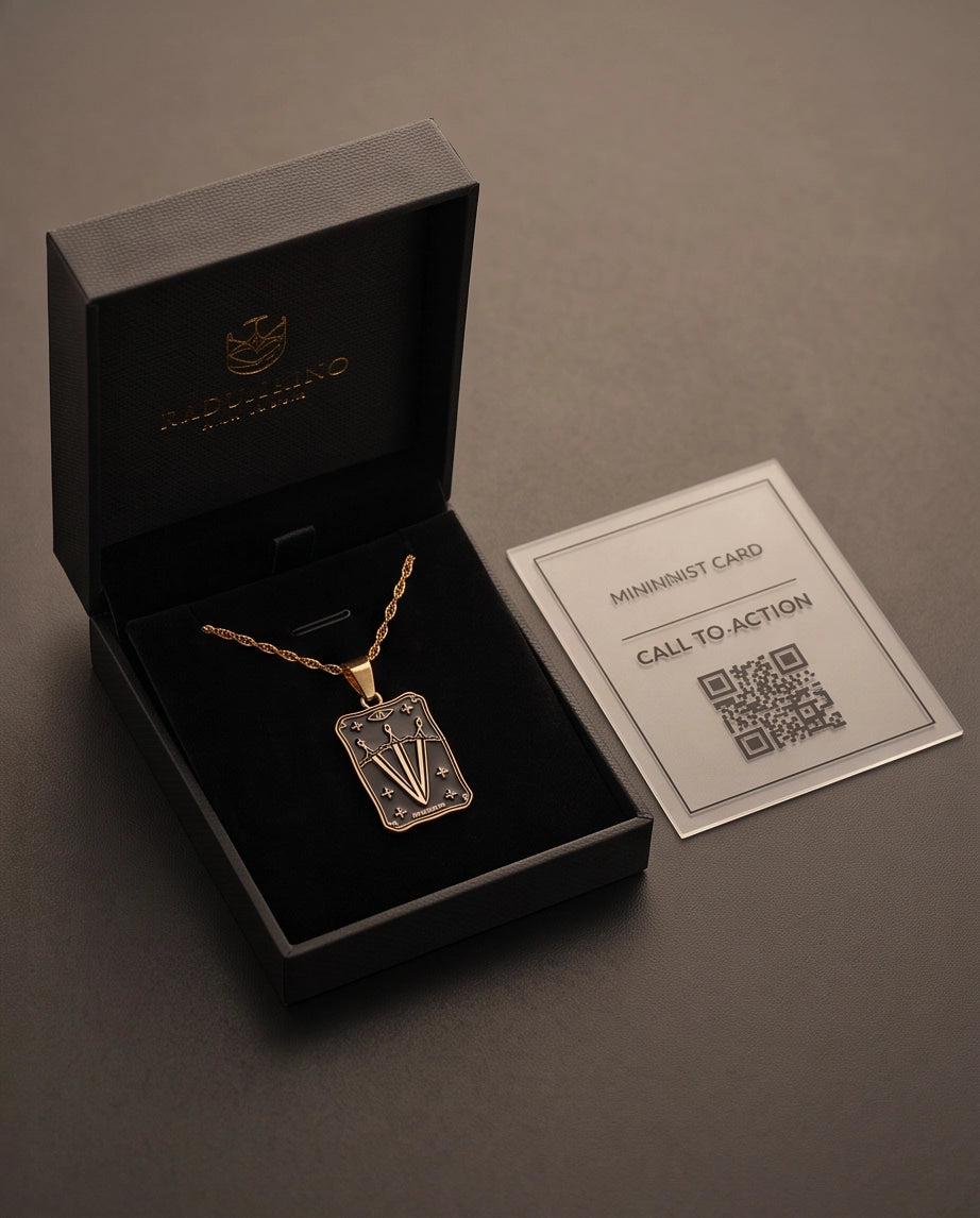 Gold "Judgement" Three Swords Tarot Card Pendant Necklace
