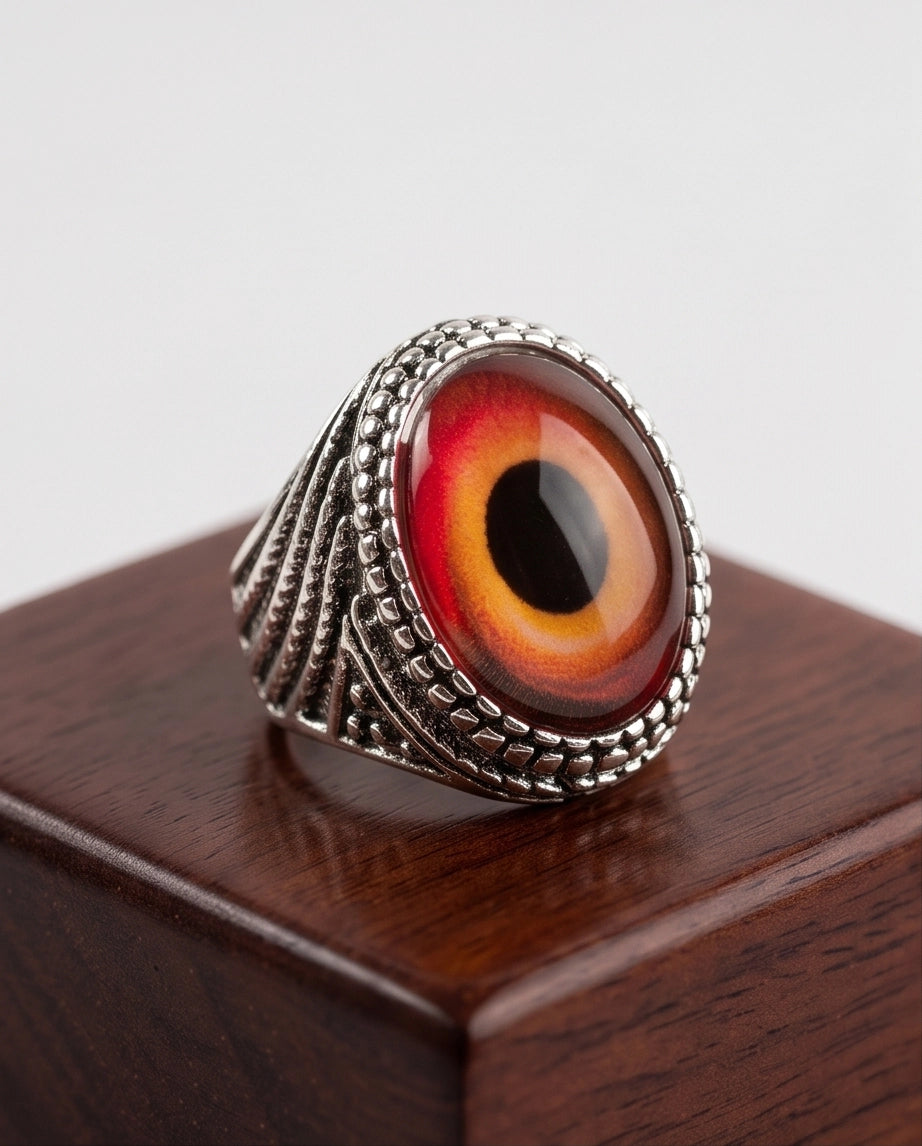 Crimson Evil Eye Beaded Silver Ring