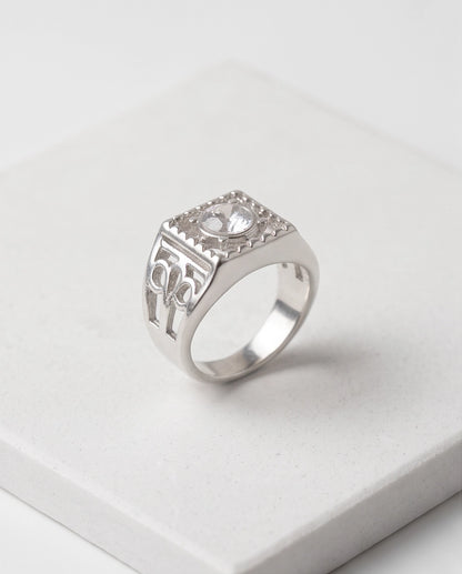 Clear Gemstone Square Sawtooth Bezel Filigree Cutout Silver Ring
