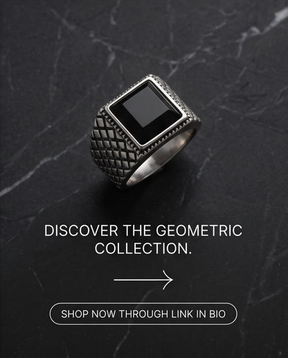 Pyramid Cut Onyx-Style Sawtooth Diamond-Mesh Silver Ring