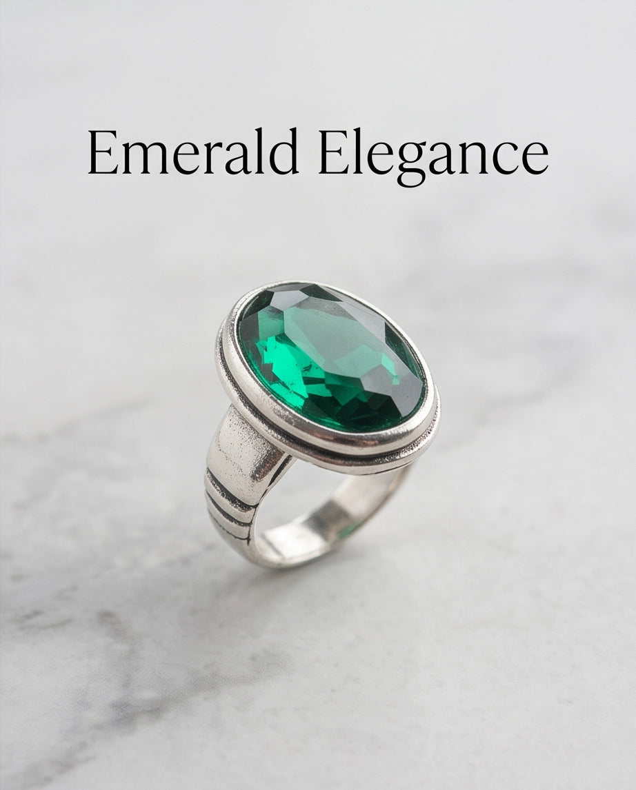 Emerald Gemstone Double Oval Bezel Minimalist Silver Ring