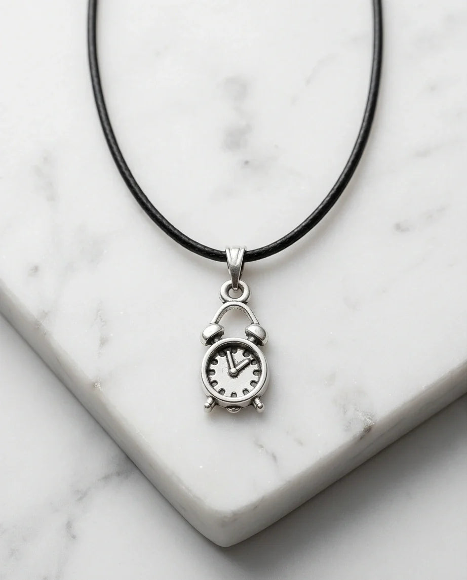 Silver Retro Alarm Clock Pendant Necklace