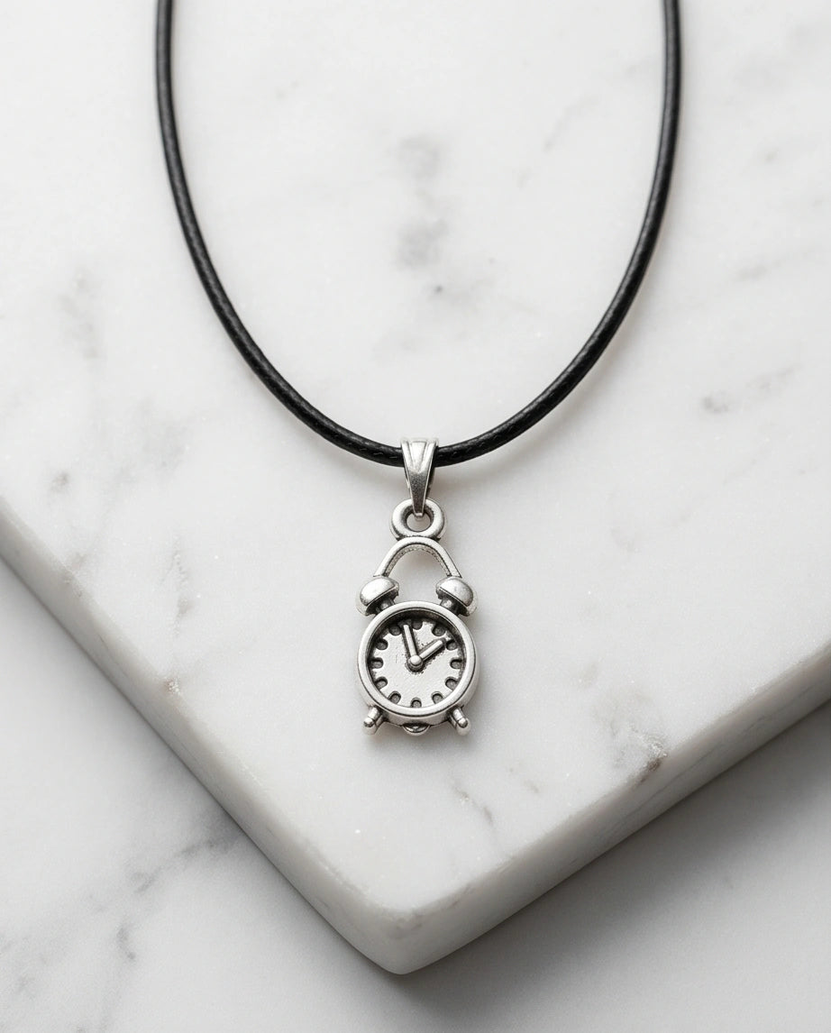 Silver Retro Alarm Clock Pendant Necklace