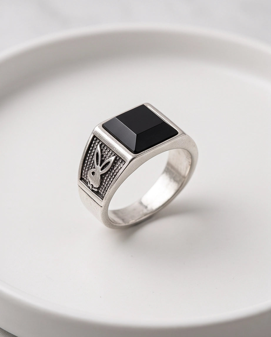 Pyramid Cut Onyx-Style Bunny Motif Stippled Silver Ring