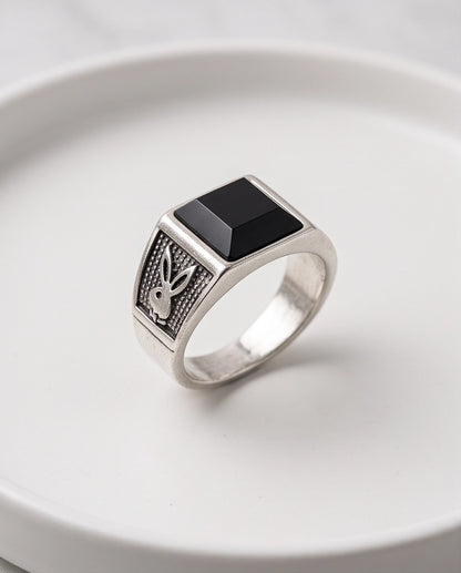 Pyramid Cut Onyx-Style Bunny Motif Stippled Silver Ring