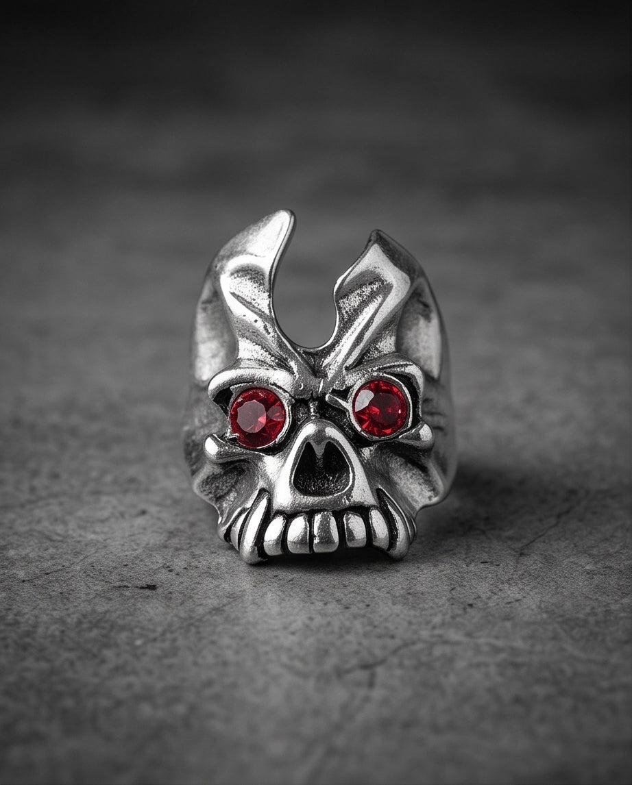 Ruby-Eyed Gothic Horned Skull Silver Ring