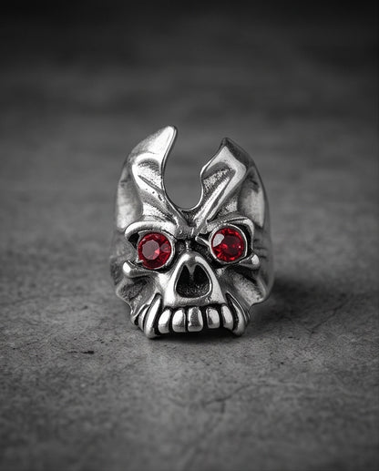 Ruby-Eyed Gothic Horned Skull Silver Ring