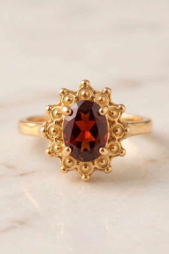 Vintage Gold Oval Garnet Victorian Halo Ring