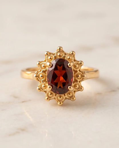 Vintage Gold Oval Garnet Victorian Halo Ring