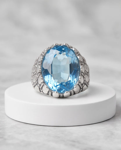 Ice Blue Oval-Cut Gemstone Scaled Bezel Silver Ring