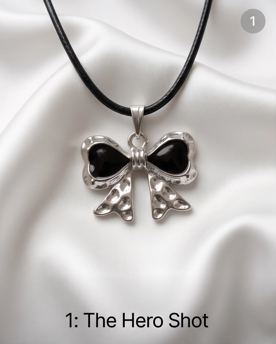 Black Enamel Ribbon Bow Pendant Necklace