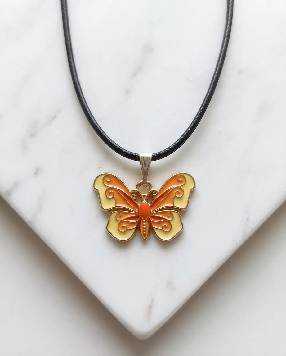 Orange & Yellow Enamel Butterfly Pendant Necklace