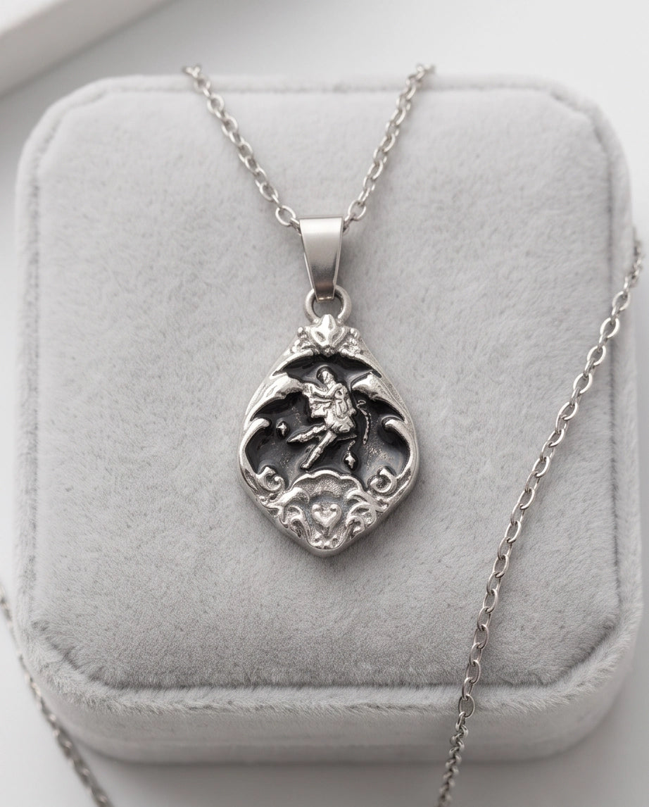 Silver Vintage Cherub Black Enamel Teardrop Pendant Necklace