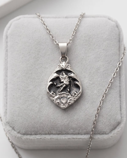 Silver Vintage Cherub Black Enamel Teardrop Pendant Necklace