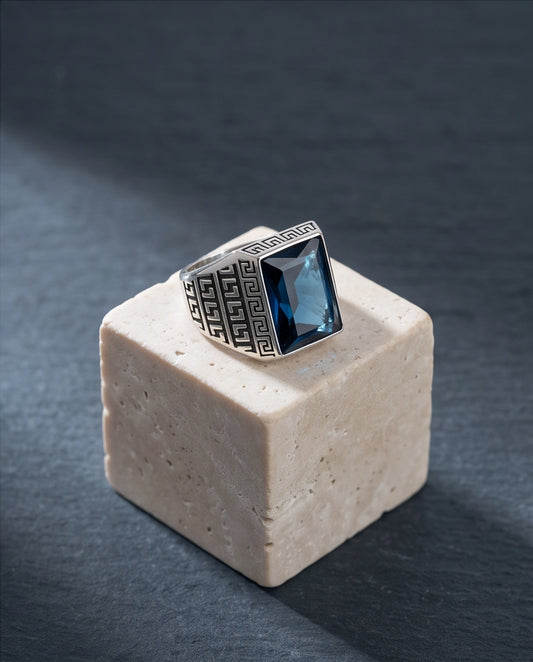 Deep Sapphire Emerald-Cut Gemstone Greek Key Silver Ring