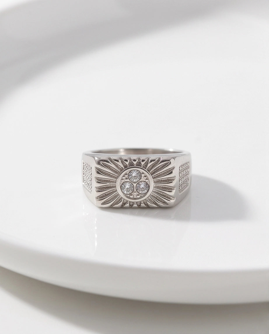 Celestial Sunburst Triple-Crystal Stippled Band Silver Ring