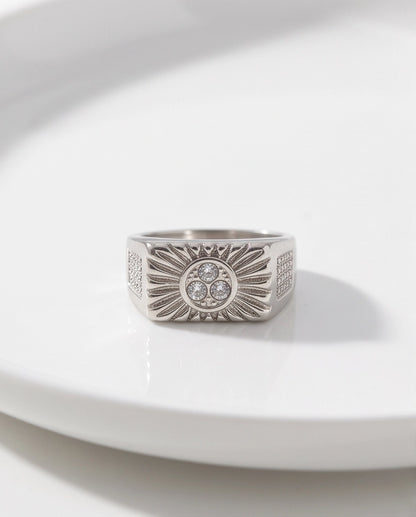 Celestial Sunburst Triple-Crystal Stippled Band Silver Ring