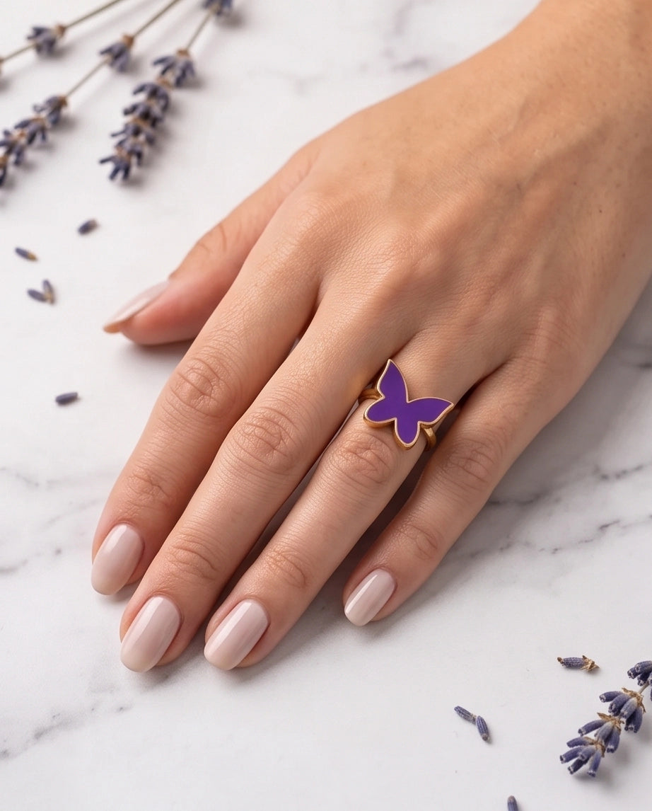 Gold Purple Butterfly Enamel Ring