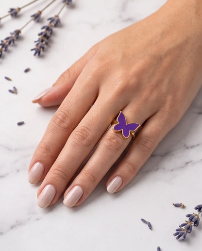 Gold Purple Butterfly Enamel Ring