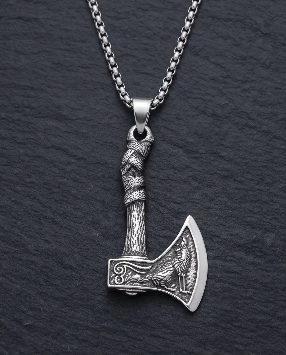 Silver Viking Axe Wolf Pendant Necklace