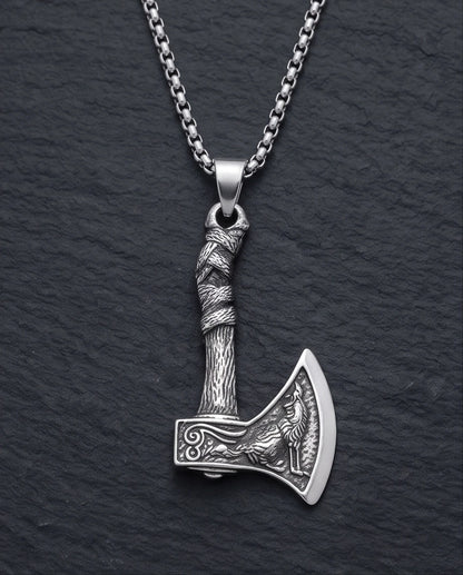 Silver Viking Axe Wolf Pendant Necklace
