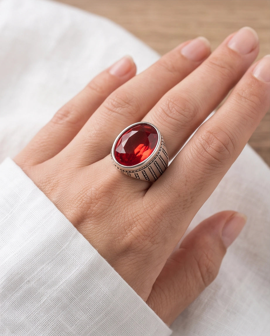 Ruby Gemstone Beaded Surround Vertical Ribbed Silver Ring